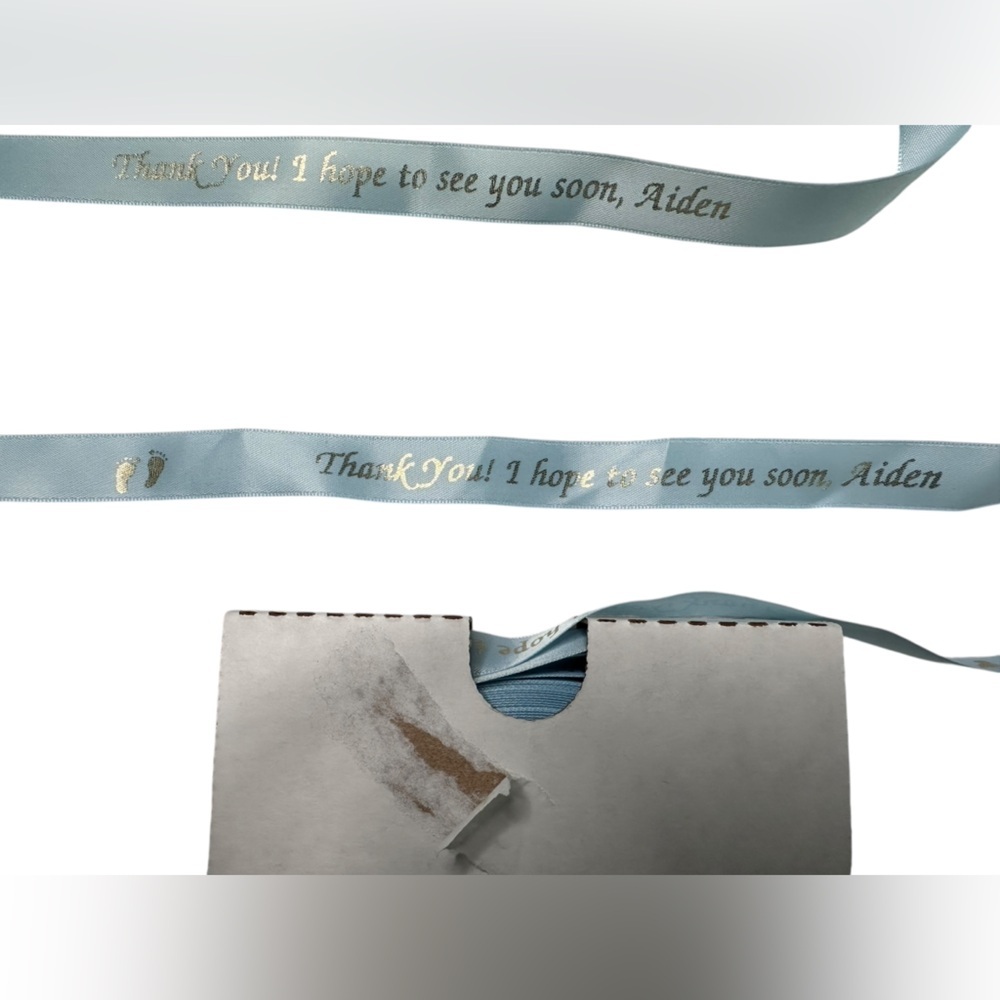 Personalized Blue "Thank you! I Hope to See you Soon, Aiden" Baby Shower Ribbon